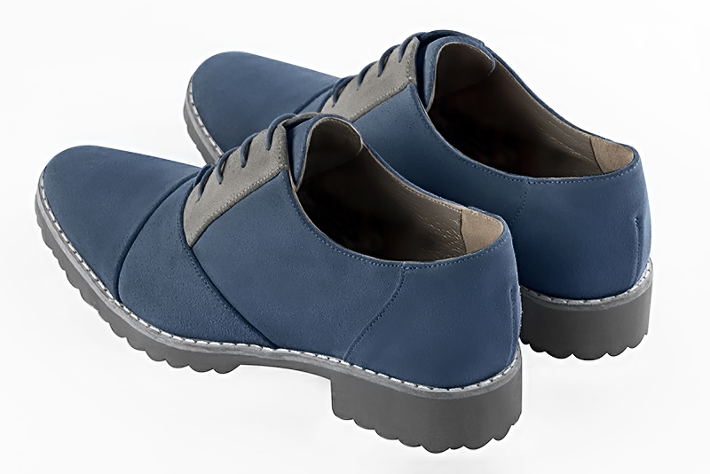 Denim blue and dove grey women's casual lace-up shoes. Round toe. Flat rubber soles. Rear view - Florence KOOIJMAN